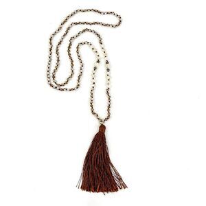 Artisan Necklace Sparkly Glass Beads Faux Pearls Knotted Brown Tassel Long Loop
